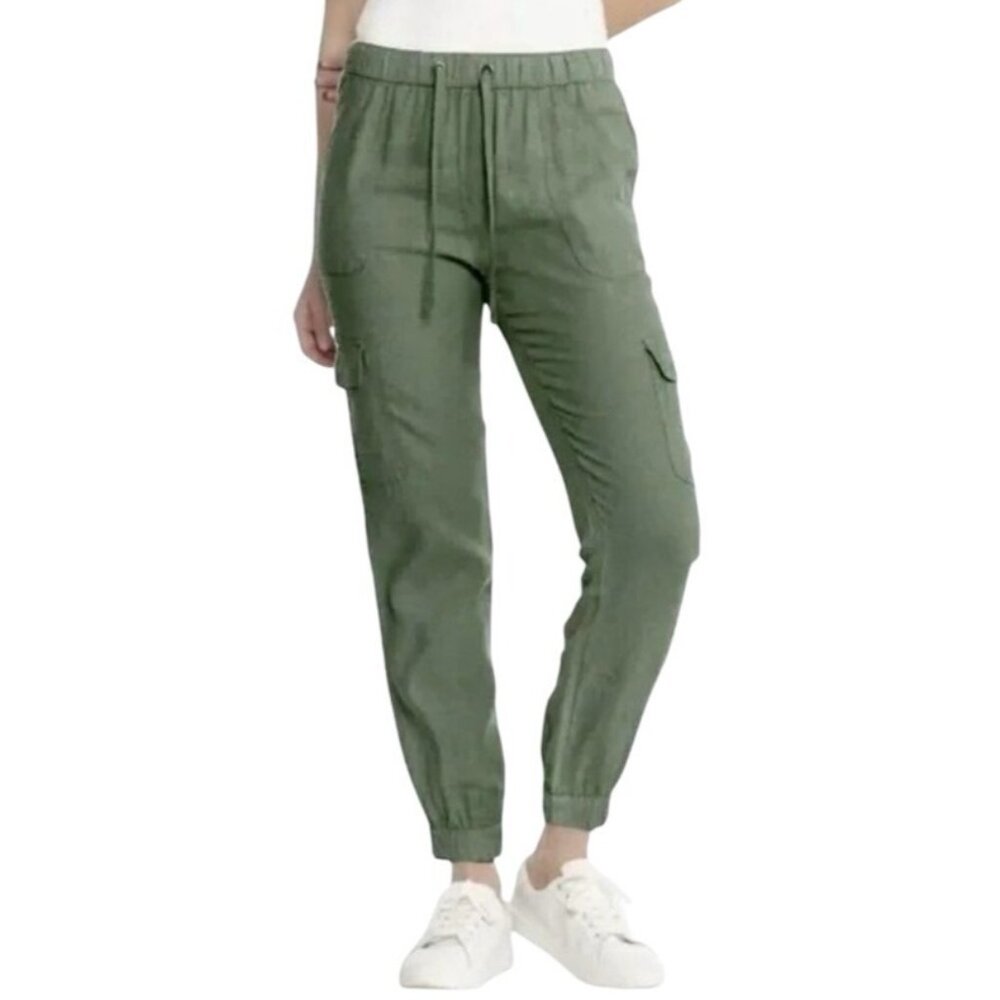 Nicole Miller NY 100% Linen Cargo Jogger Pants Olive Green S Minimalist Neutral